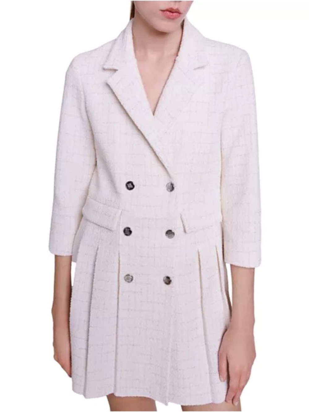 Maje Cream Double-Breasted Tweed Blazer Dress